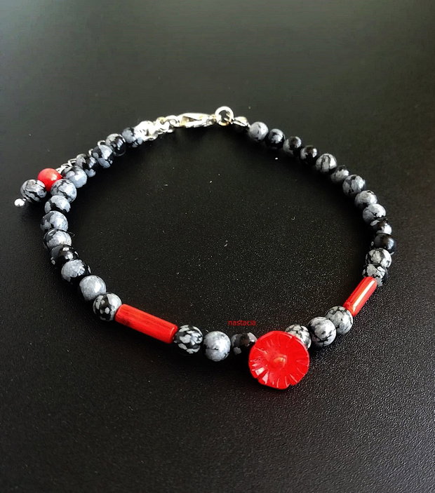 bratara obsidian fulg de nea si coral rosu
