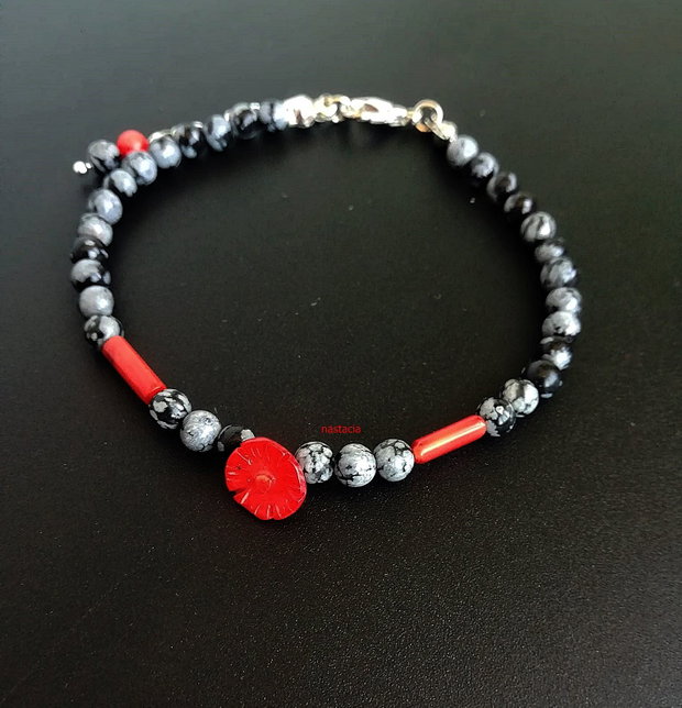 bratara obsidian fulg de nea si coral rosu