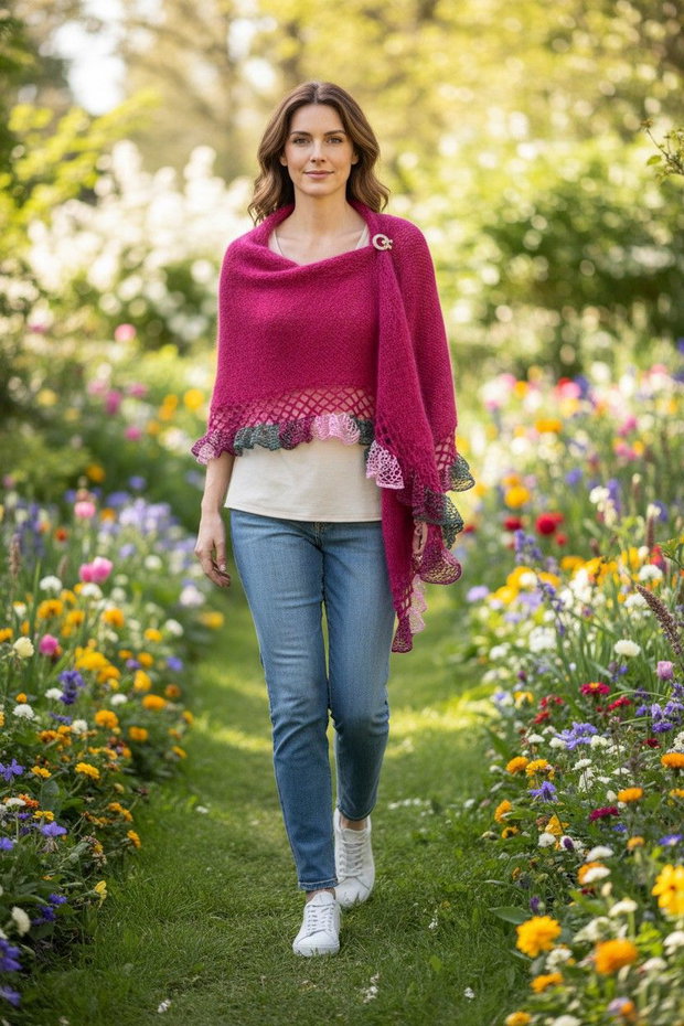 Șal triunghiular roz cyclam din mohair cu fir efect culoare vibrantă, textură fină și stil modern