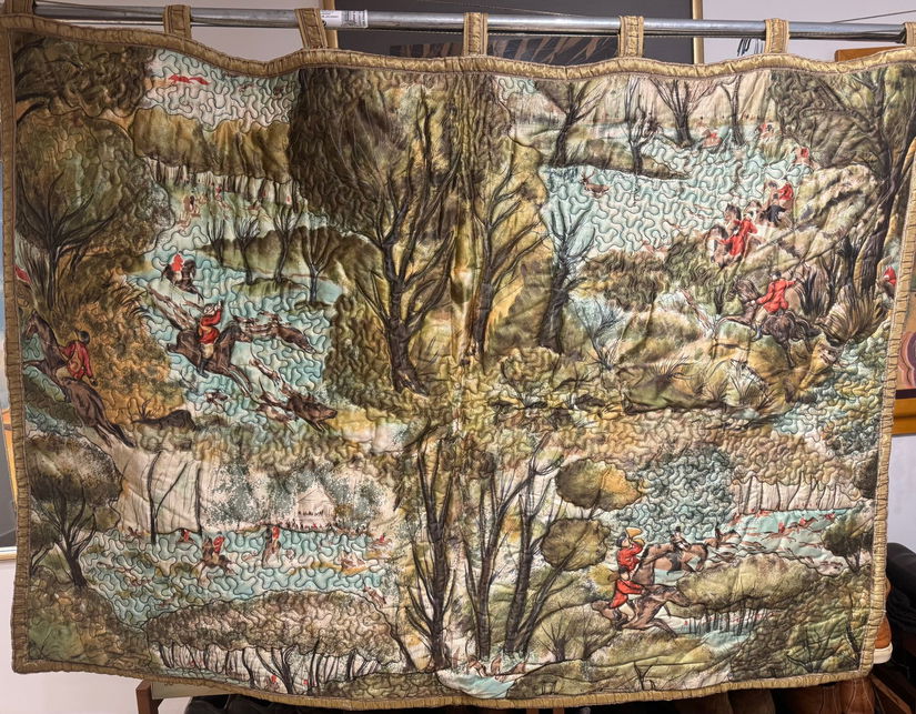 TAPISERIE PE MATASE ,VINTAGE, MATLASATA, SCENA DE VANATOARE,SUPERBA