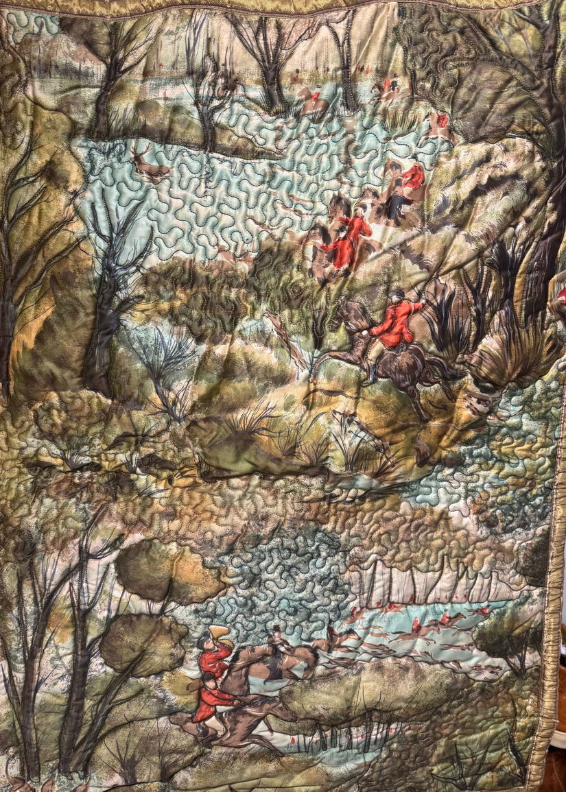 TAPISERIE PE MATASE ,VINTAGE, MATLASATA, SCENA DE VANATOARE,SUPERBA