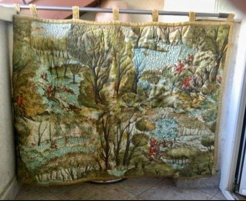 TAPISERIE PE MATASE ,VINTAGE, MATLASATA, SCENA DE VANATOARE,SUPERBA
