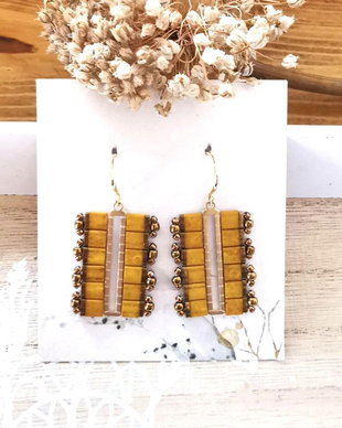 Cercei Dangle cu Myiuki Tila mustar si bronz, cercei unici designer