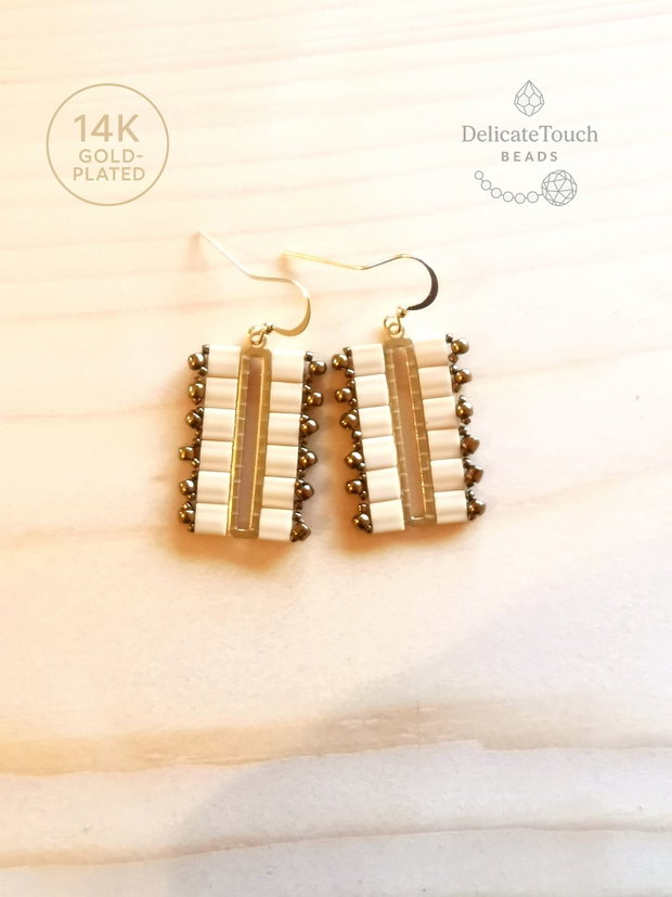 Cercei Dangle cu Myiuki Tila crem si bronz, cercei unici designer