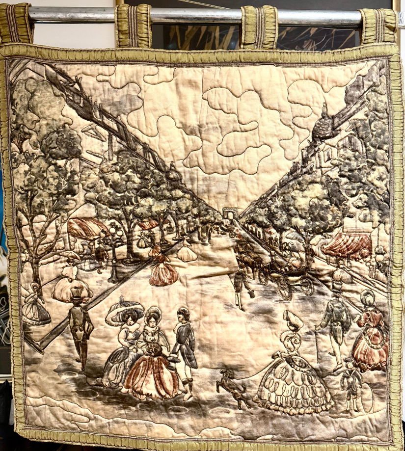 TAPISERIE PE MATASE ELEGANTA SCENA DE GEN CHAMPS ELYSEE PARIS PIESA DE COLECTIE