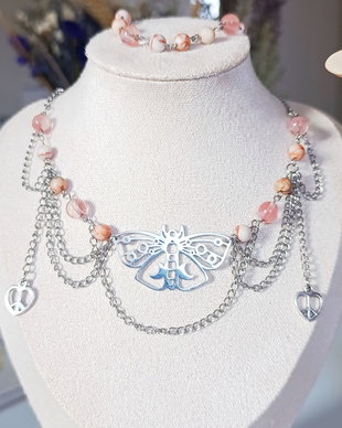 Set bijuterii handmade cu fluture si jasp, colier, cercei și brățară, oțel inoxidabil