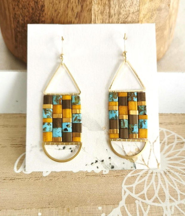 Cercei Boho lungi cu Tila turcoaz si aur 24k, cercei statement, tortite placate cu aur 14k