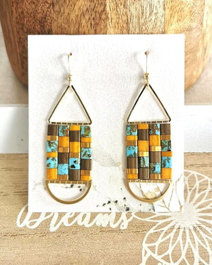 Cercei Boho lungi cu Tila turcoaz si aur 24k, cercei statement, tortite placate cu aur 14k