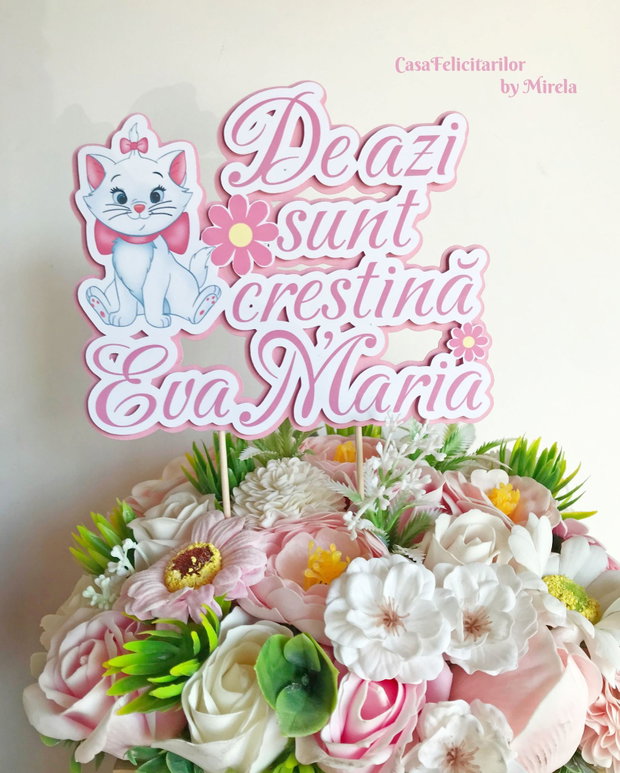 Topper tort botez De azi sunt creștină  Pisicuța Marie, personalizat