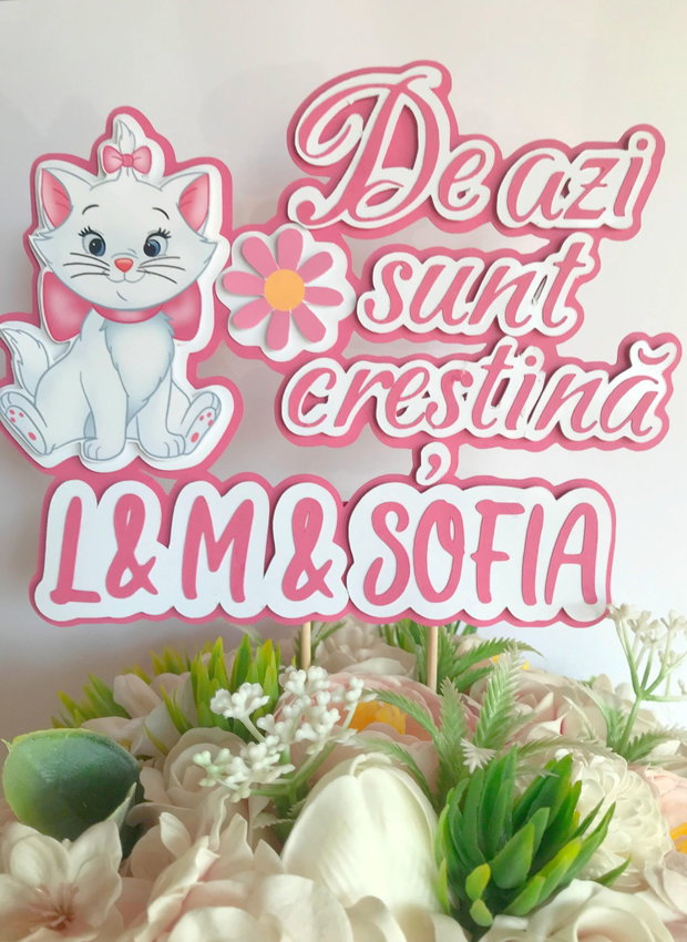 Topper tort botez De azi sunt creștină  Pisicuța Marie, personalizat