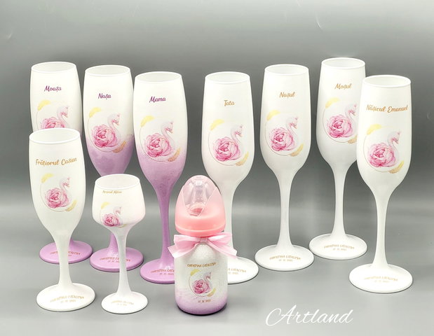 Pahare personalizate pentru botez cu tematica Lebădă