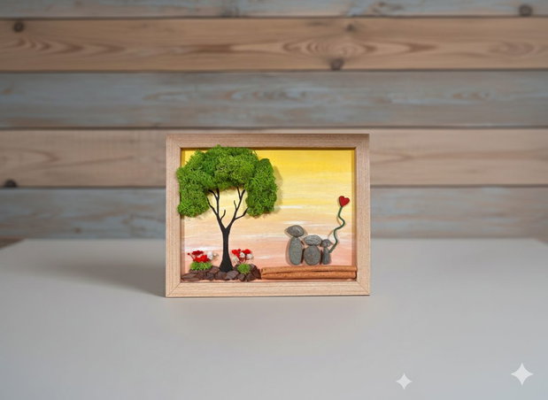 Tablou Pebble Art Familia sub Copacul Vieții Decor Naturale și Mușchi Stabilizat, 20x15 cm