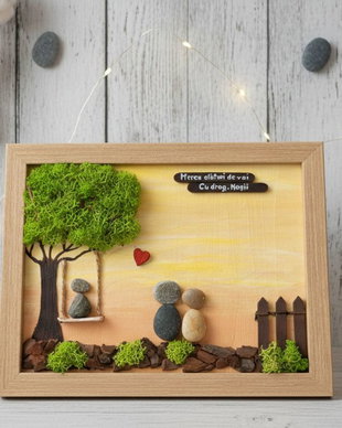 Tablou handmade / Cadou cuplu / nasi / fini / familie din pietre, licheni, lemn, cu mesaj personalizat