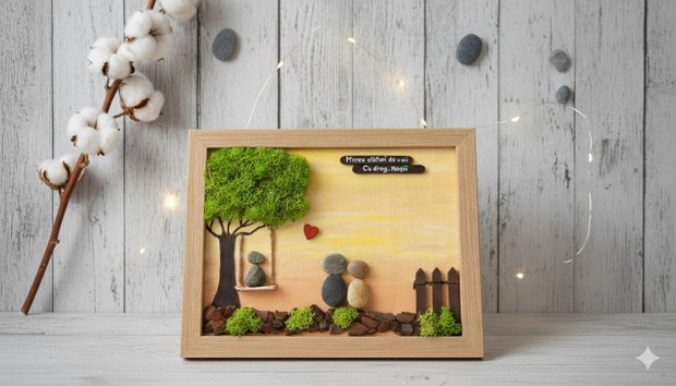 Tablou handmade / Cadou cuplu / nasi / fini / familie din pietre, licheni, lemn, cu mesaj personalizat