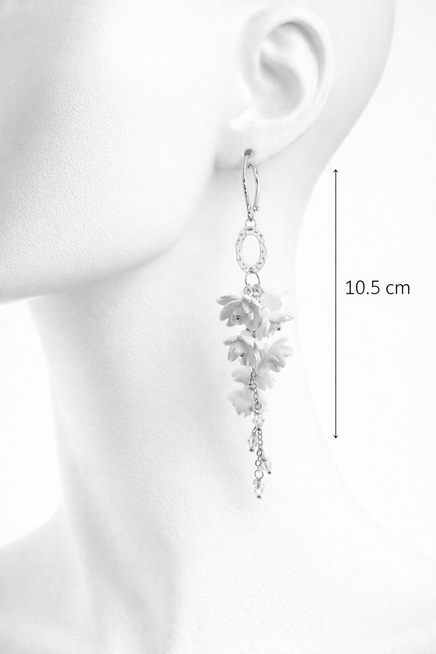 Cercei lungi handmade unicat cu flori si cristale - Ideali pentru nunta, botez, cununie (cod1301)