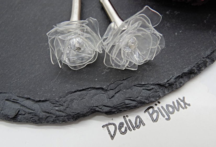 Cercei statement florali din plastic reciclat handmade, unicat (cod1371)