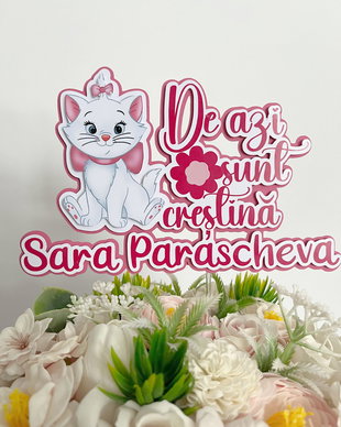 Topper tort botez De azi sunt creștină  Pisicuța Marie, personalizat