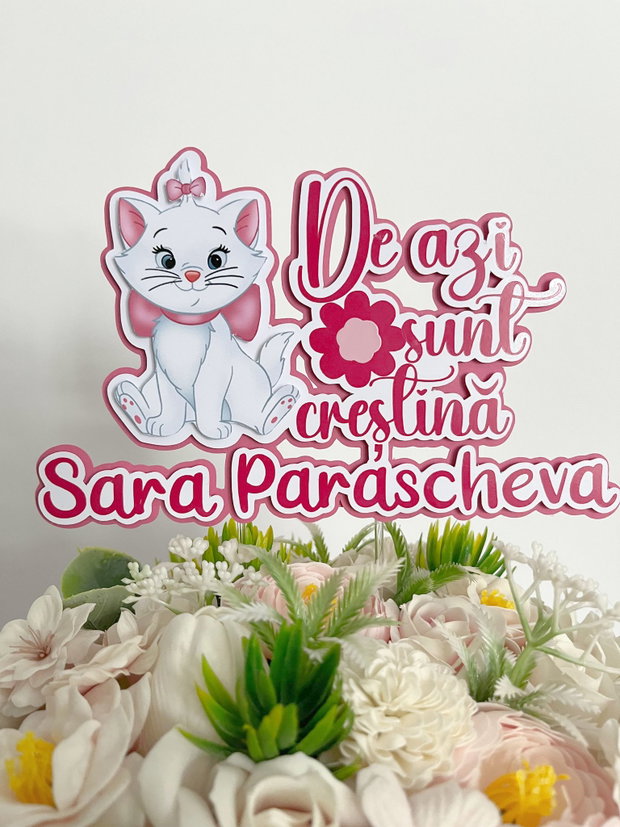 Topper tort botez De azi sunt creștină  Pisicuța Marie, personalizat
