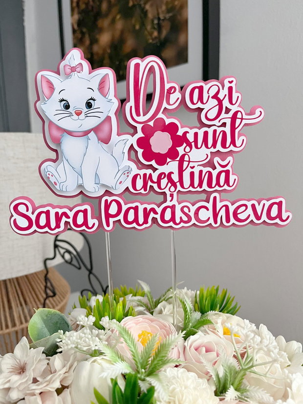 Topper tort botez De azi sunt creștină  Pisicuța Marie, personalizat
