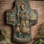 Cruce decorativă Păstorul cel Bun  relief ceramic cu patină bronz și verde