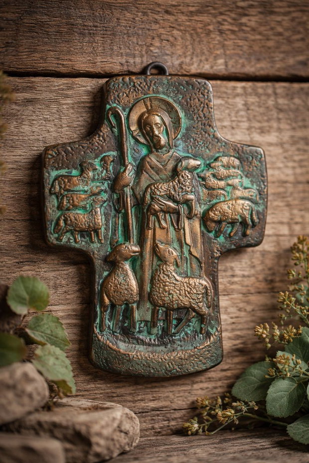 Cruce decorativă Păstorul cel Bun relief ceramic cu patină bronz și verde