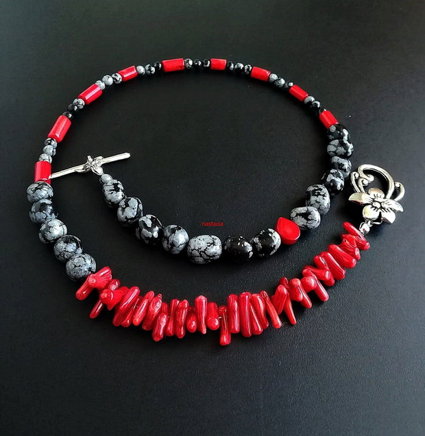 colier obsidian si coral rosu