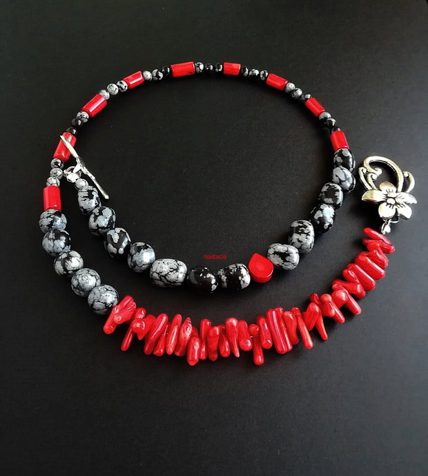 colier obsidian si coral rosu