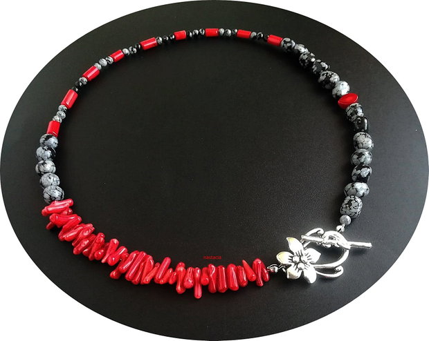 colier obsidian si coral rosu