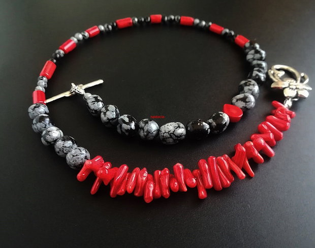 colier obsidian si coral rosu