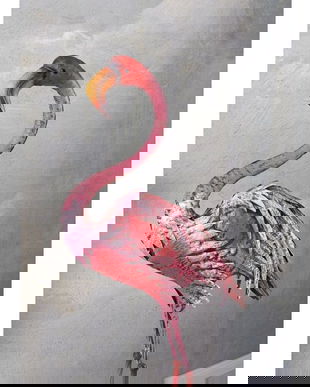 Pasare Flamingo din metal vopsit roz pentru gradina
