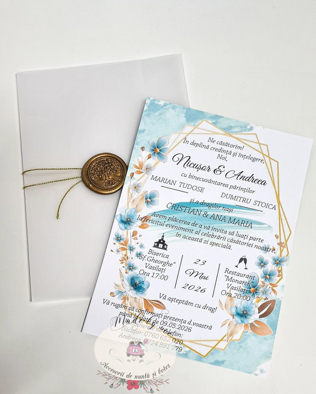 Invitatie nunta turqoise si auriu