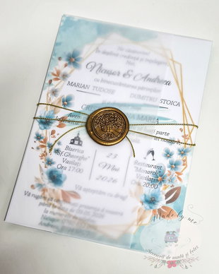 Invitatie nunta turqoise si auriu