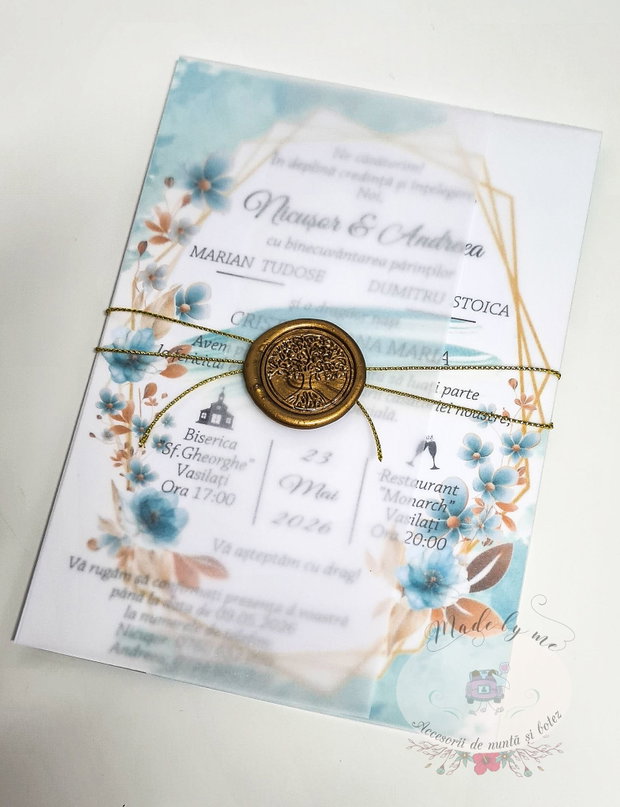 Invitatie nunta turqoise si auriu
