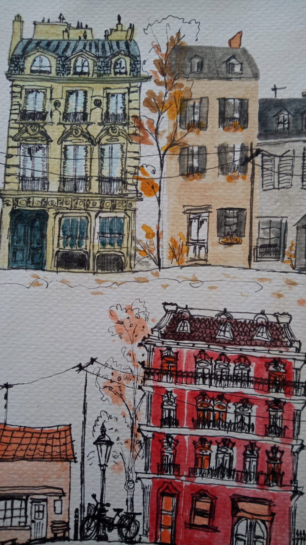 Pictura "Un Oras Imaginar" Marker Cu Acrilic, pe hartie