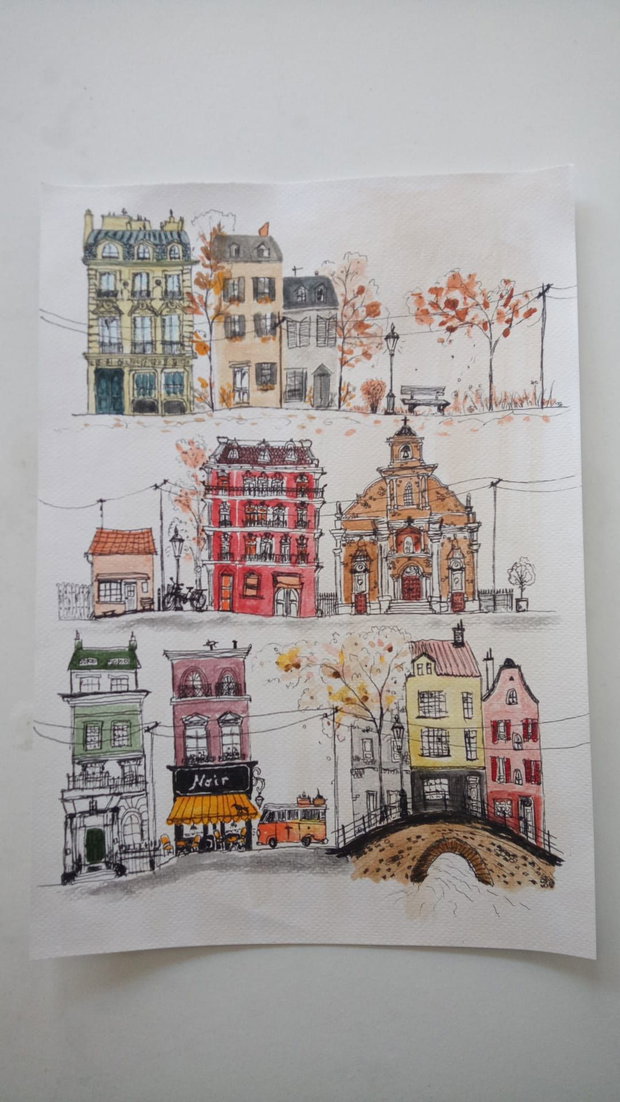 Pictura "Un Oras Imaginar" Marker Cu Acrilic, pe hartie