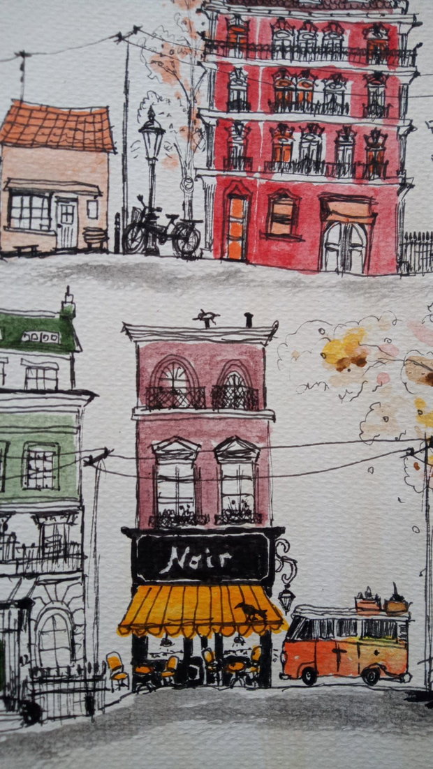 Pictura "Un Oras Imaginar" Marker Cu Acrilic, pe hartie