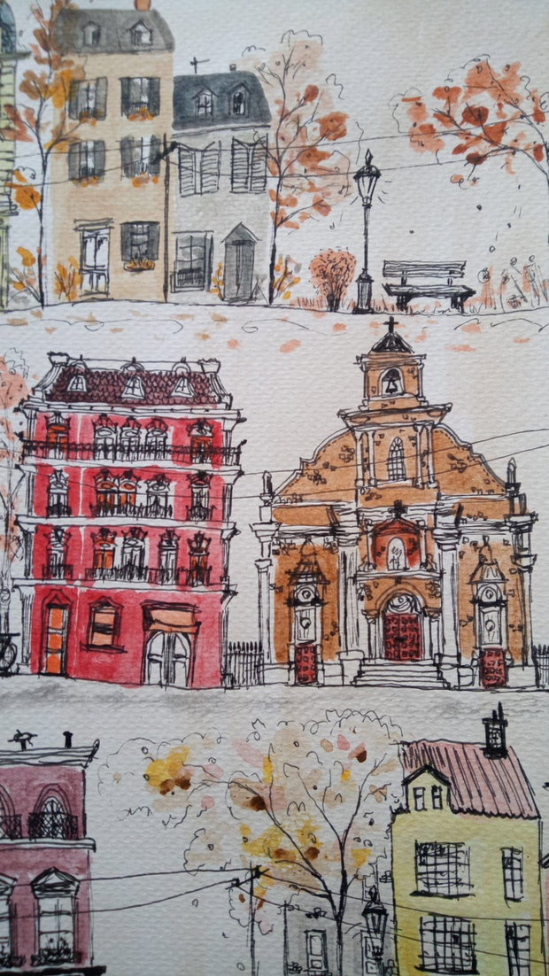 Pictura "Un Oras Imaginar" Marker Cu Acrilic, pe hartie