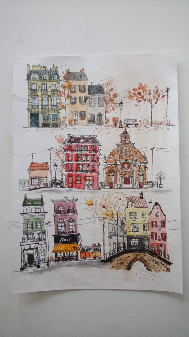 Pictura "Un Oras Imaginar" Marker Cu Acrilic, pe hartie