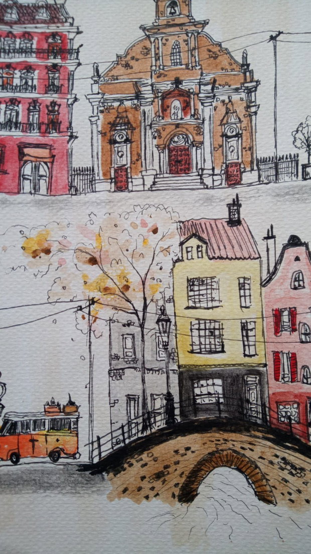 Pictura "Un Oras Imaginar" Marker Cu Acrilic, pe hartie