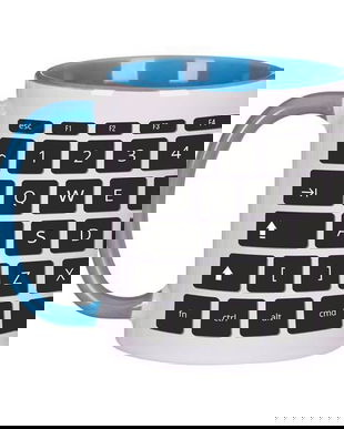 Cana ceramica, Piksel, 300 ml, tastatura, birou, programator, IT, interior si maner colorat albastru