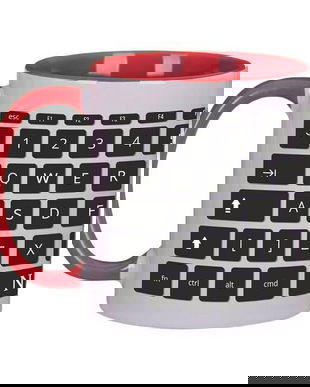 Cana ceramica, Piksel, 300 ml, tastatura, birou, programator, IT, interior si maner colorat rosu