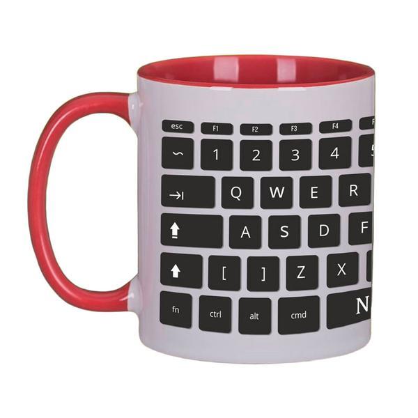 Cana ceramica, Piksel, 300 ml, tastatura, birou, programator, IT, interior si maner colorat rosu