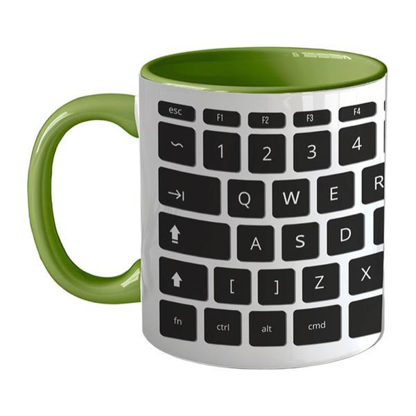 Cana ceramica, Piksel, 300 ml, tastatura, birou, programator, IT, interior si maner colorat verde