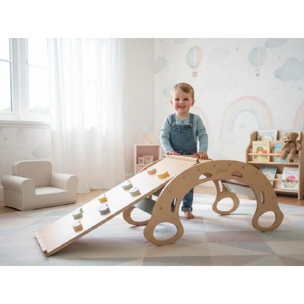 Leagan Montessori din lemn PRO 5 in 1 cu placa 2 in 1 &ndash; Pastel