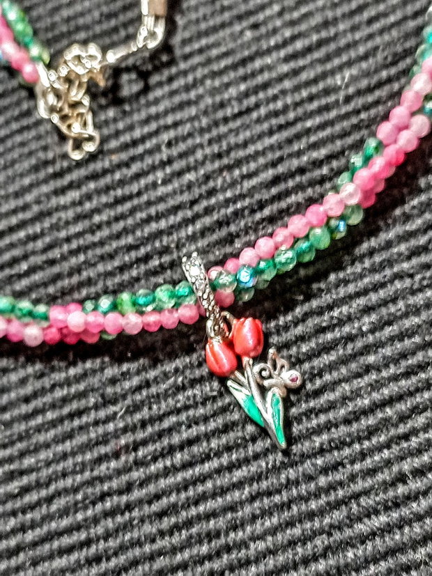 Colier argint X3 turmalina roz labradorit verde charm argint emailat lalea fluture minimalist boho chic trendy - Transport gratuit