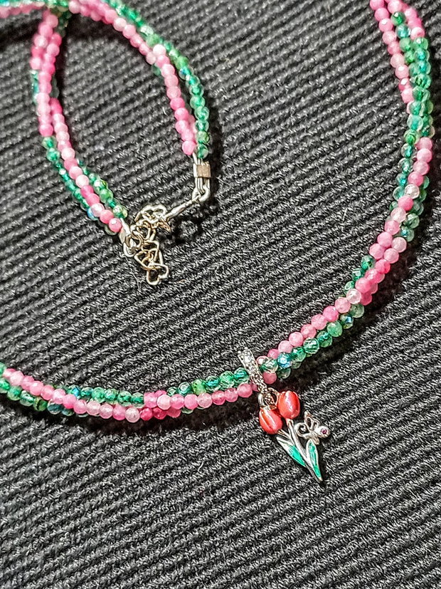 Colier argint X3 turmalina roz labradorit verde charm argint emailat lalea fluture minimalist boho chic trendy - Transport gratuit