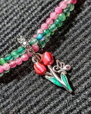 Colier argint X3 turmalina roz labradorit verde charm argint emailat lalea fluture minimalist boho chic trendy - Transport gratuit