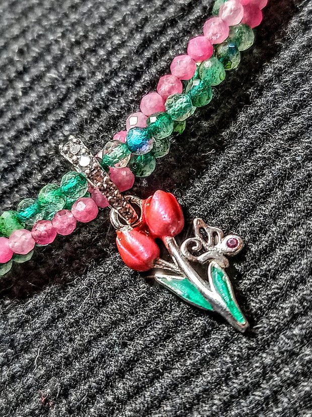 Colier argint X3 turmalina roz labradorit verde charm argint emailat lalea fluture minimalist boho chic trendy - Transport gratuit
