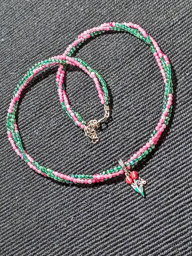 Colier argint X3 turmalina roz labradorit verde charm argint emailat lalea fluture minimalist boho chic trendy - Transport gratuit