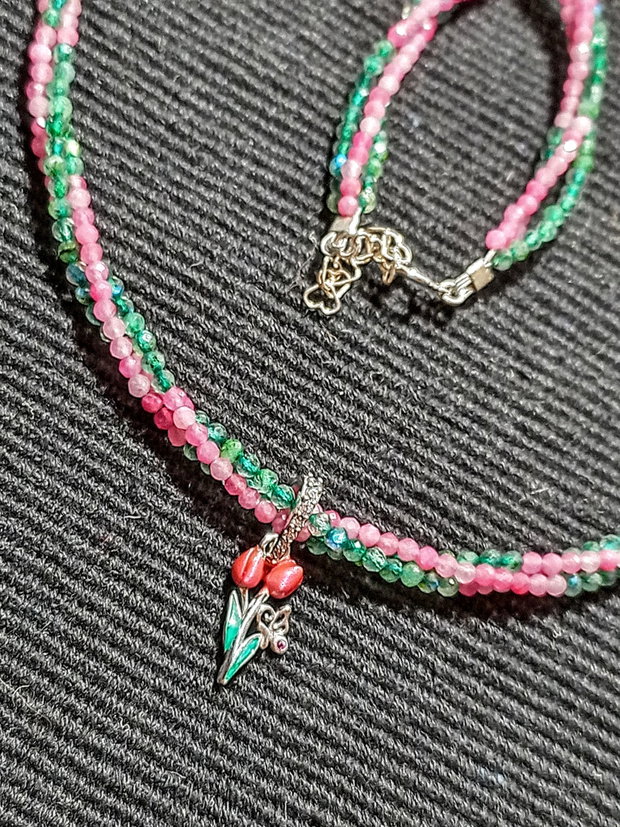 Colier argint X3 turmalina roz labradorit verde charm argint emailat lalea fluture minimalist boho chic trendy - Transport gratuit
